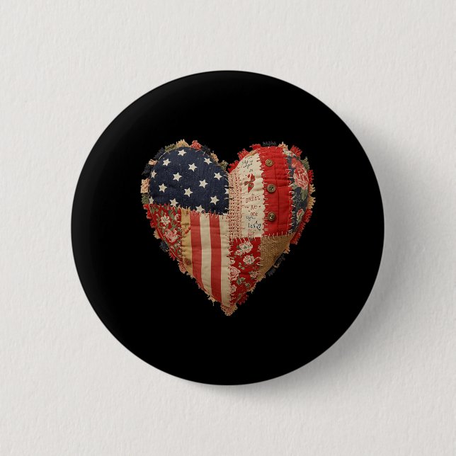 Patriotic Patchwork Heart Americana Flag Folk Art Button (Front)