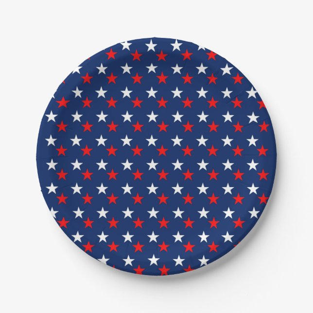 Patriotic Pattern Stars on Blue Paper Plates (Front)