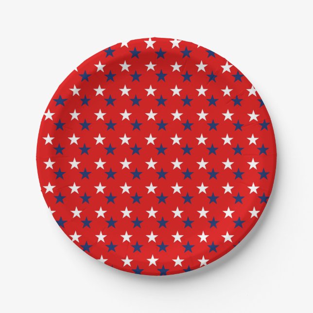 Patriotic Pattern Stars on Red Paper Plates (Front)
