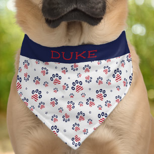 Patriotic Paw Pattern Red White and Blue Pet Name Bandana Collar