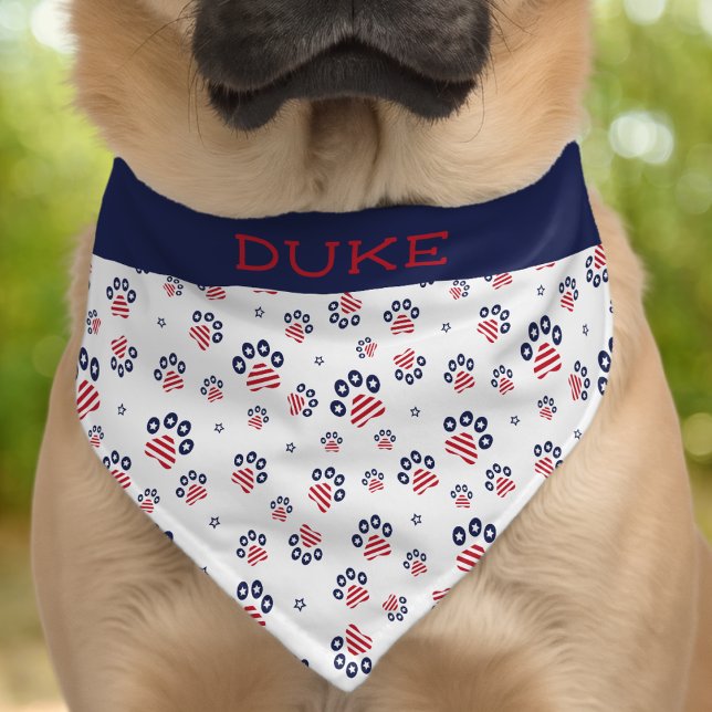 Patriotic Paw Pattern Red White and Blue Pet Name Pet Bandana Collar (Creator Uploaded)