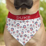 Patriotic Paw Pattern USA Red White Blue Pet Name Pet Bandana Collar<br><div class="desc">Show off your pet’s patriotic spirit with this personalized American-themed pet bandana! Featuring a festive pattern of red, white, and blue paw prints adorned with stars and stripes, this charming accessory is perfect for Independence Day, Memorial Day, or any all-American celebration. The bold red top section highlights your pet’s name...</div>