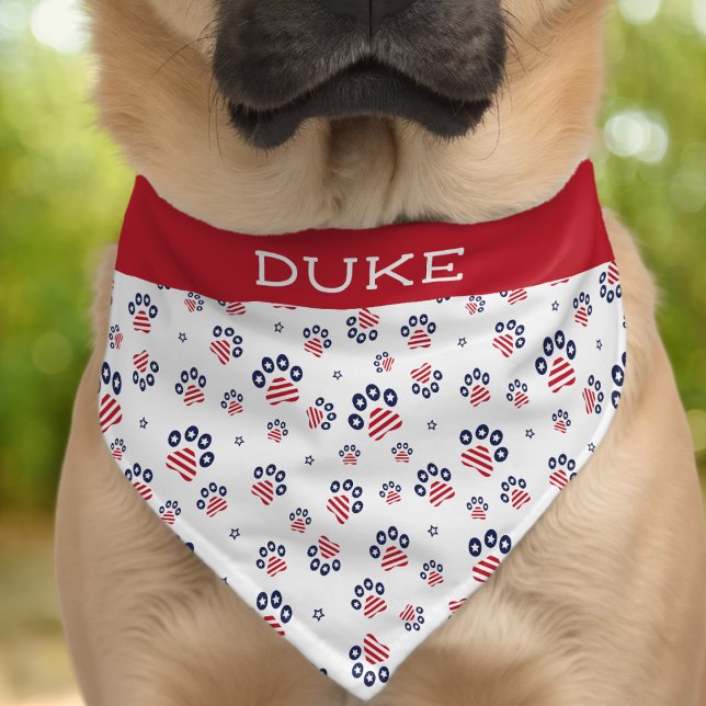  Patriotic Paw Pattern USA Red White Blue Pet Name Pet Bandana Collar (Creator Uploaded)