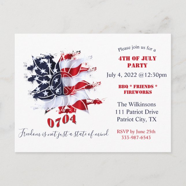 Patriotic Peace Flower 4th of July BBQ Invite (Front)