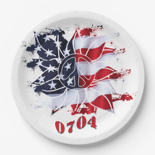 Patriotic Peace Flower 4th of July BBQ  Paper Plates (Front)