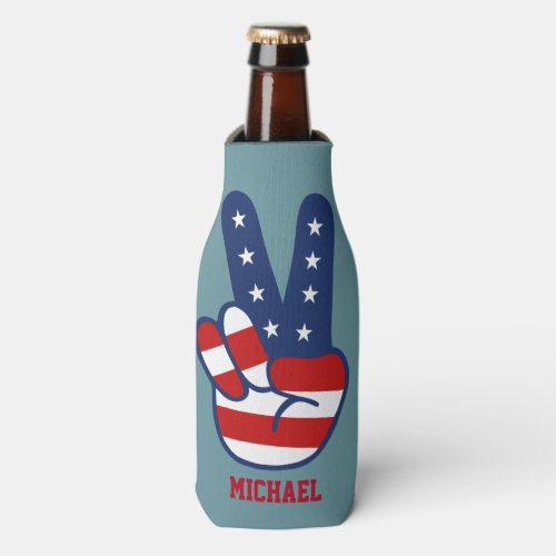 Patriotic Peace Sign 4th Of July Bottle Cooler