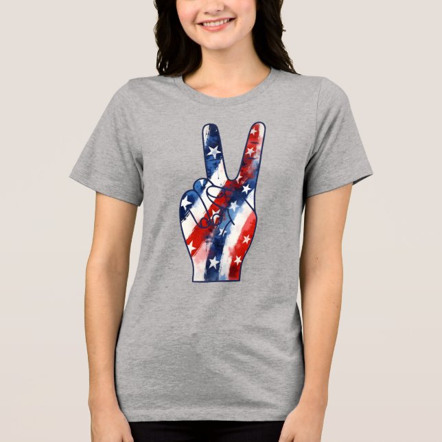 Patriotic Peace Sign Hand Wavy US Flag Pattern Tri-Blend Shirt (Front)
