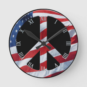 Patriotic Peace Symbol - US Flag No More War Theme Round Clock