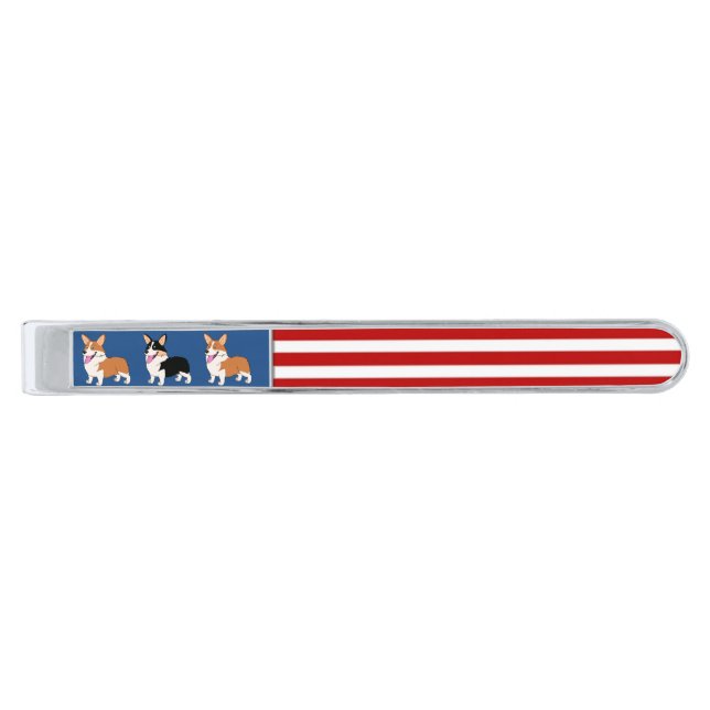Patriotic Pembroke Welsh Corgis Silver Finish Tie Clip (Front)