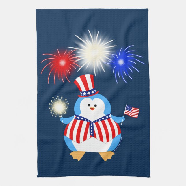 Patriotic Penguin With Fireworks Towel (Vertical)