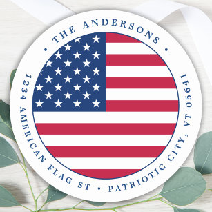 Patriotic Personalize American Flag Return Address Classic Round Sticker