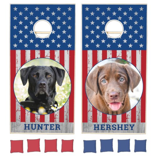 Patriotic Personalized Pet Dog Photo American Flag Cornhole Set