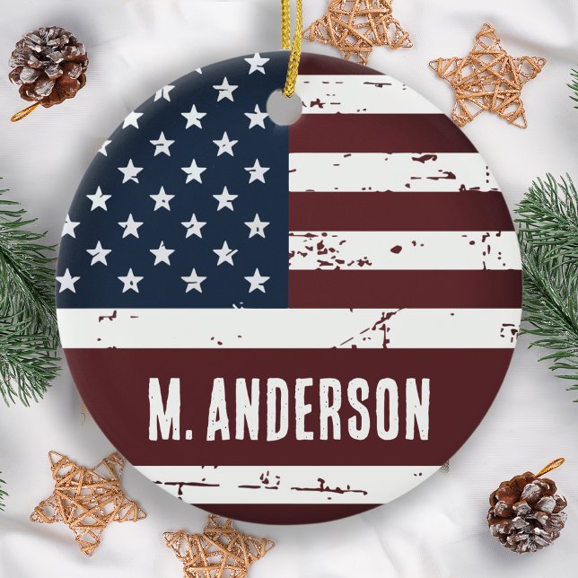 Patriotic Personalized USA American Flag Ceramic Ornament (Creator Uploaded)