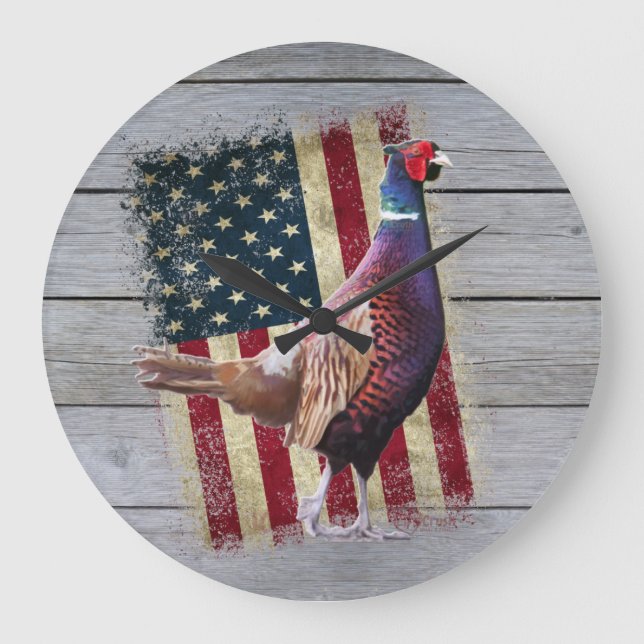 Patriotic Pheasant Hunting Décor Large Clock (Front)