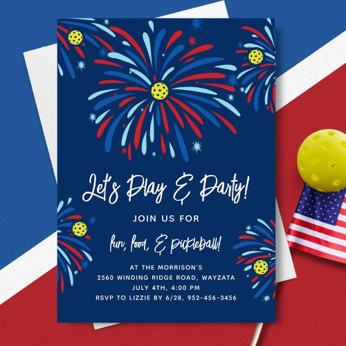 Patriotic Pickleball  Fireworks 4th of July Party Invitation