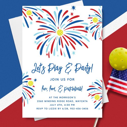 Patriotic Pickleball  Fireworks 4th of July Party Invitation