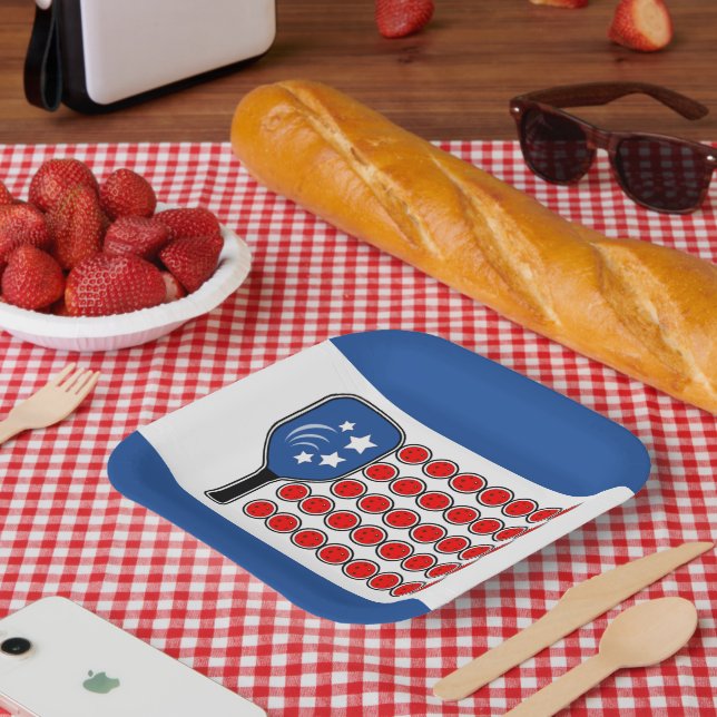 Patriotic Pickleball Red White Blue American Flag  Paper Plates (Picnic)