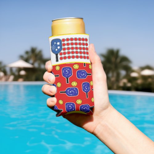 Patriotic Pickleball Red White Blue American Flag  Seltzer Can Cooler