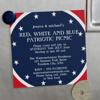Patriotic Picnic Stars 4th Of July Red White Blue Magnetic Invitation by watermelontree at Zazzle