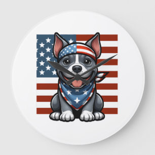 Patriotic Pitbull American Flag 4th of July BBQ Large Clock