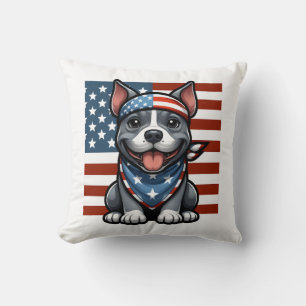 Patriotic Pitbull American Flag 4th of July BBQ Throw Pillow