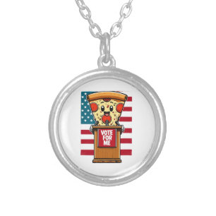 patriotic pizza vote for me silver plated necklace