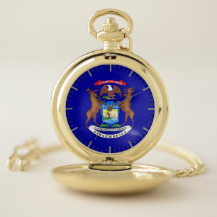 Patriotic Pocket Watch with Flag of Michigan