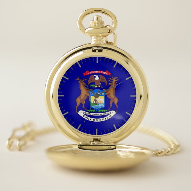 Patriotic Pocket Watch with Flag of Michigan (Inside)