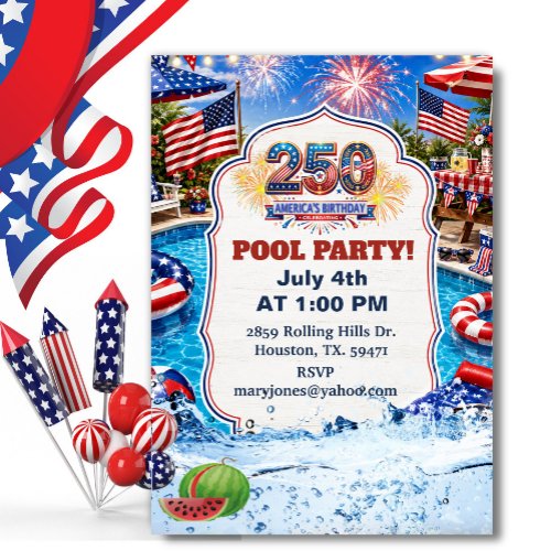 Patriotic Pool Party America's 250 Birthday BBQ Invitation