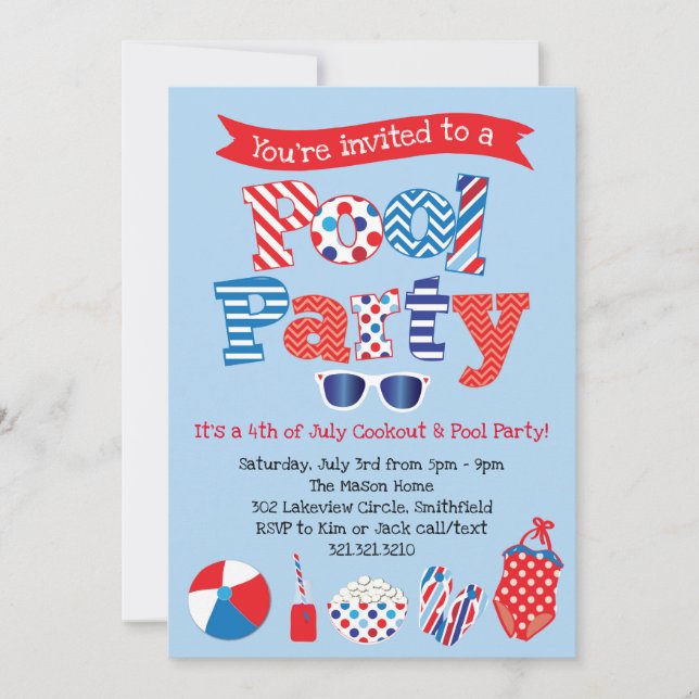 Patriotic Pool Party Invitation - Red White Blue (Front)