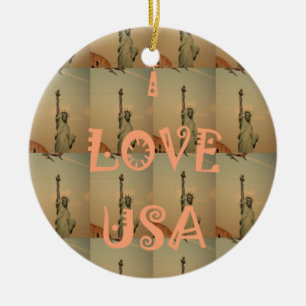 Patriotic Pop Art: "I Love USA" Graphic Art Design Ceramic Ornament
