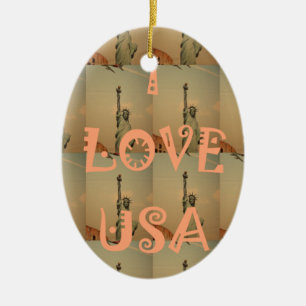 Patriotic Pop Art: "I Love USA" Graphic Art Design Ceramic Ornament