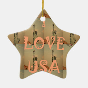 Patriotic Pop Art: "I Love USA" Graphic Art Design Ceramic Ornament