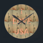 Patriotic Pop Art: "I Love USA" Graphic Art Design Round Clock<br><div class="desc">Patriotic Pop Art: "I Love USA" Graphic Art Design Introducing the "Patriotic Pop Art: 'I Love USA' Graphic Art Design, " a vibrant and playful artwork that celebrates American patriotism through a unique pop art lens. Featuring a repeating pattern of the Statue of Liberty, this design prominently displays the phrase...</div>