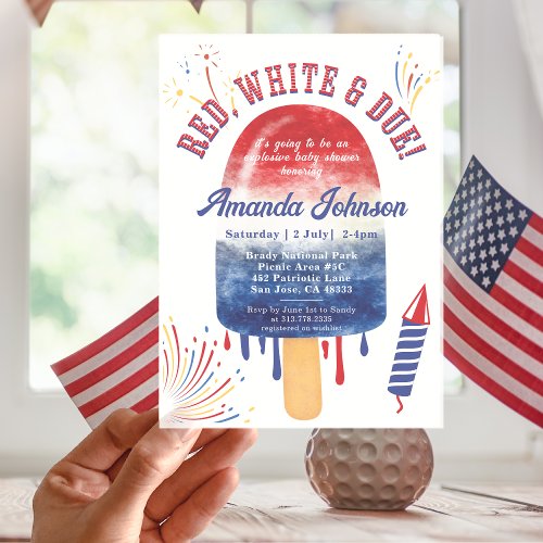 Patriotic Popsicle Red White Due 4th Baby Shower Invitation
