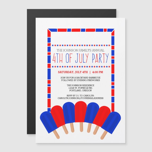 Patriotic Popsicles 4th of July Party Magnetic Invitation (Front/Back)