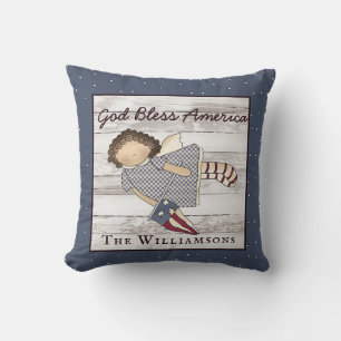 Patriotic Primitive Country Angel Family Name Cer Throw Pillow