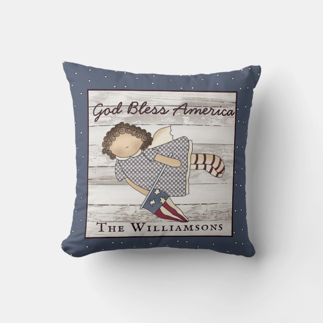 Patriotic  Primitive Country Angel Family Name Cer Throw Pillow (Front)