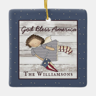 Patriotic Primitive Country Angel Family Name Ceramic Ornament