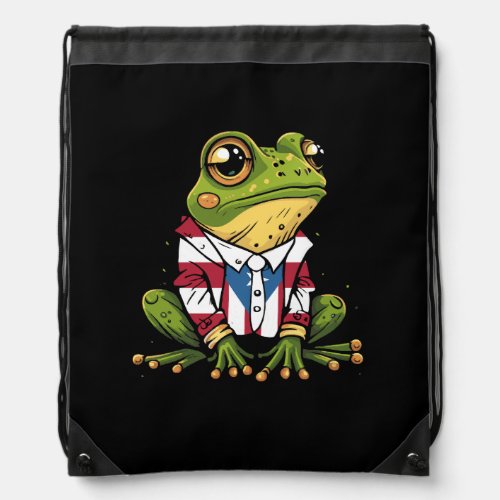 Patriotic Puerto Rico Flag Frog Puerto Rican Cultu Drawstring Bag