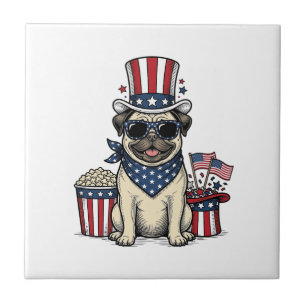 Patriotic Pug Vintage Engraving Dog Shirt Design_1 Ceramic Tile