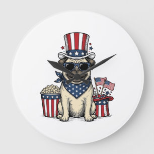Patriotic Pug Vintage Engraving Dog Shirt Design_1 Large Clock