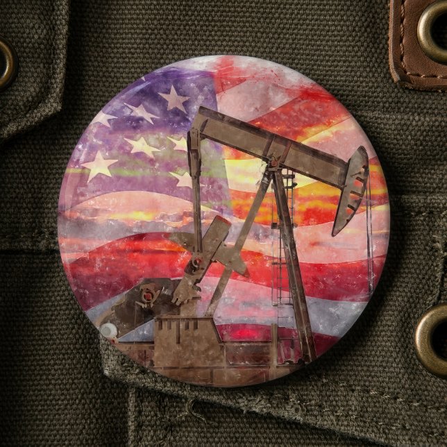 Patriotic Pumpjack at Sunset Pastel Drawing Art Button (Patriotic Pumpjack at Sunset Pastel Drawing Art. Button)