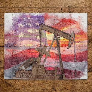 Patriotic Pumpjack at Sunset Pastel Drawing Art Jigsaw Puzzle