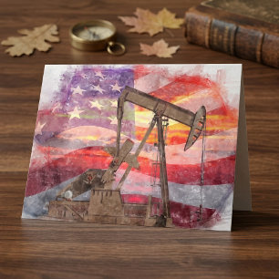 Patriotic Pumpjack at Sunset Pastel Drawing Art Letterpress Thank You Card