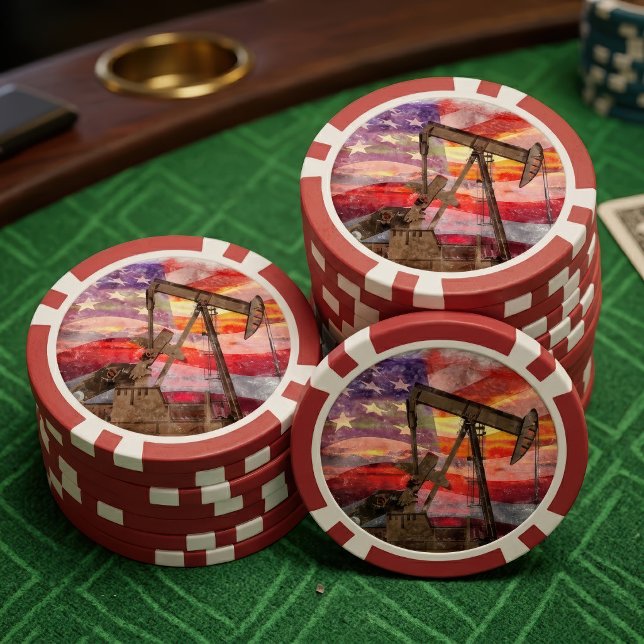 Patriotic Pumpjack at Sunset Pastel Drawing Art Poker Chips (Patriotic Pumpjack at Sunset Pastel Drawing Art. Poker Chips)