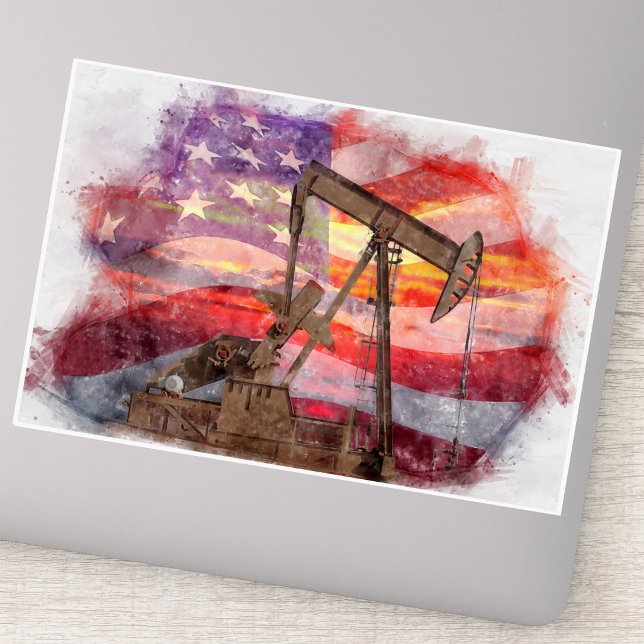Patriotic Pumpjack at Sunset Pastel Drawing Art Sticker (Patriotic Pumpjack at Sunset Pastel Drawing Art. Sticker)