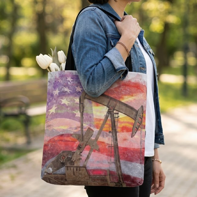 Patriotic Pumpjack at Sunset Pastel Drawing Art Tote Bag (Patriotic Pumpjack at Sunset Pastel Drawing Art. Tote Bag)
