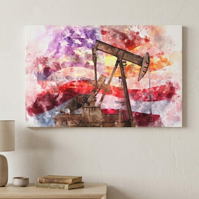 Patriotic Pumpjack Watercolor Sunset Art Canvas Print (Patriotic Pumpjack Watercolor Sunset Art. Canvas Print)