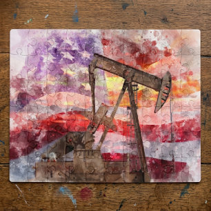 Patriotic Pumpjack Watercolor Sunset Art Jigsaw Puzzle